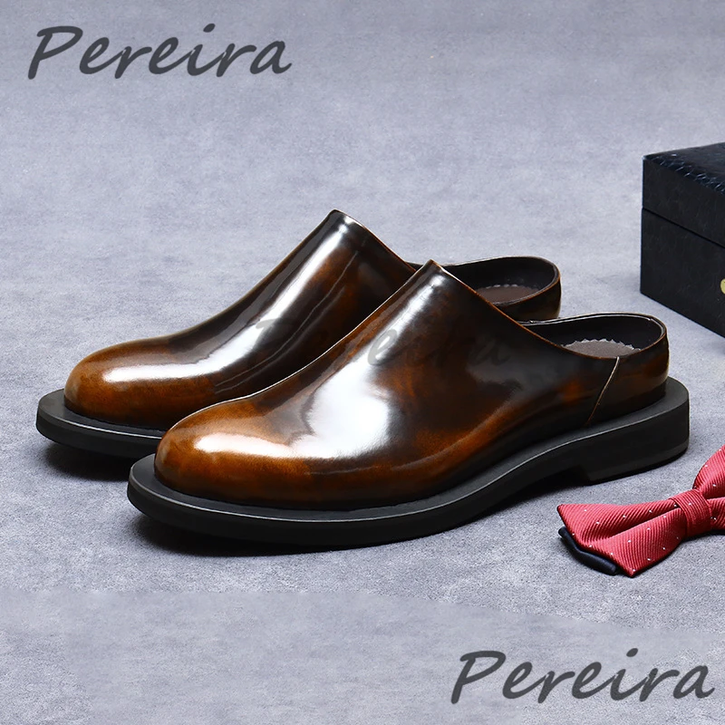 

Полутапочки с большим круглым носком, мужская лакированная кожаная деловая повседневная обувь, новая летняя модная удобная обувь на плоской подошве в стиле ретро для вечеринок