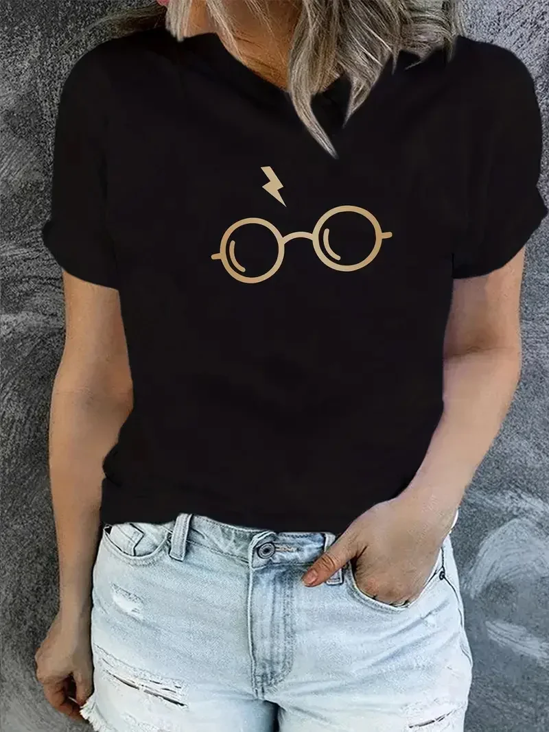

Glasses Print T-Shirt Summer Short Sleeve Causal Top Women's Clothing graphic t shirts