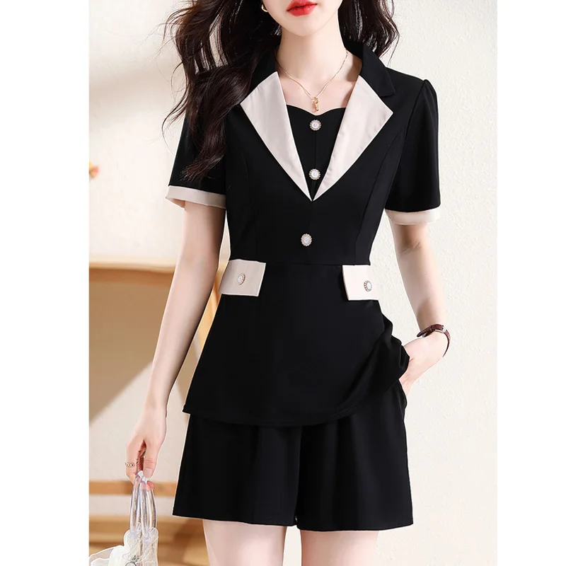 Summer Women Elegant Two Piece Set Solid Color V Neck Short Sleeve Tops And Shorts Casual Plus Size Black Slim Fashion Tracksuit