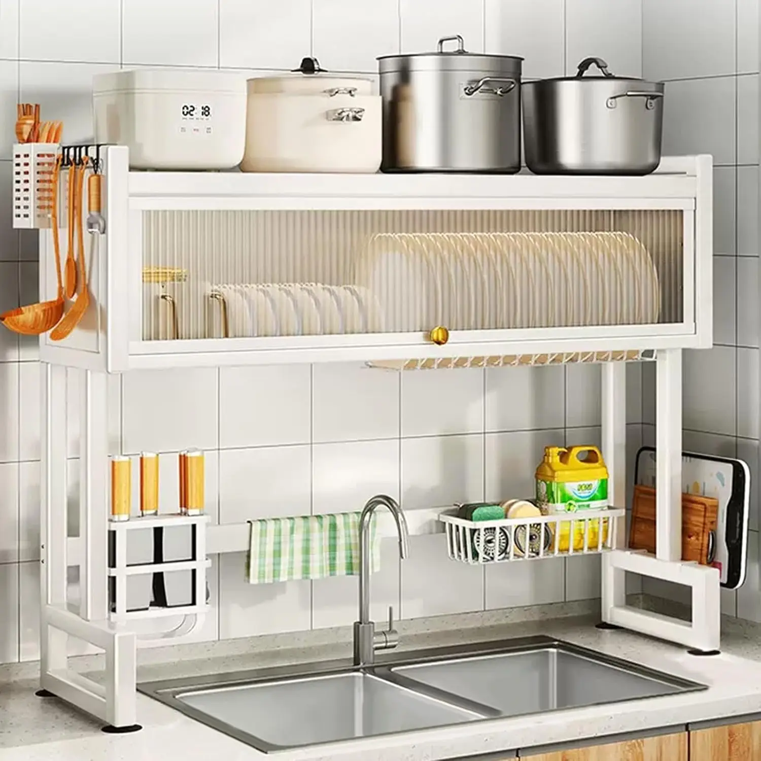 Dish Drainer 3 Tier Over The Sink with Cover Space Saving Tall Kitchen Storage Milkshake White