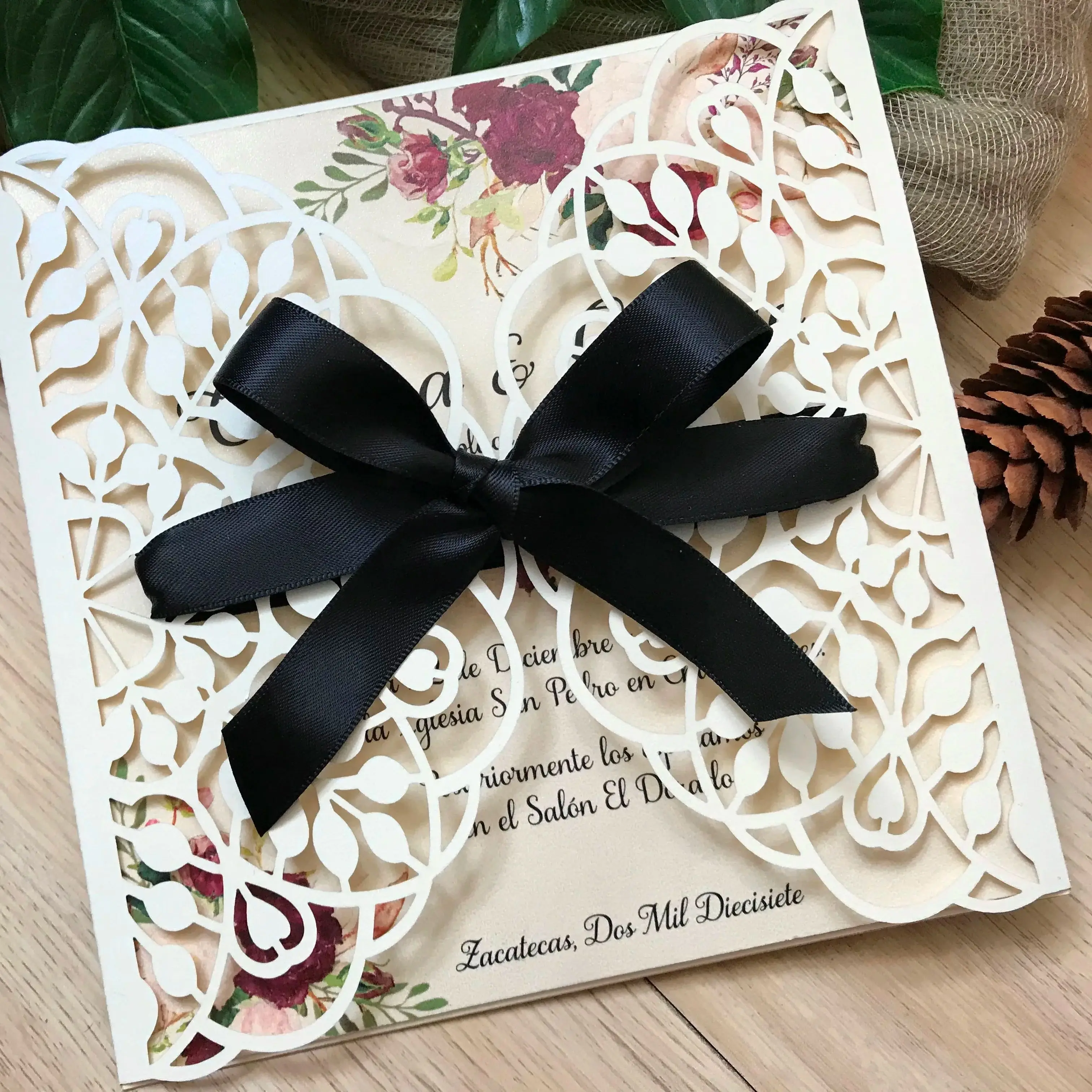 

10pcs Custom Laser Cut Wedding Invitation Cards,Cream Invitations Cover with Ribbon,Invite Sheet for Party Favor Decoration