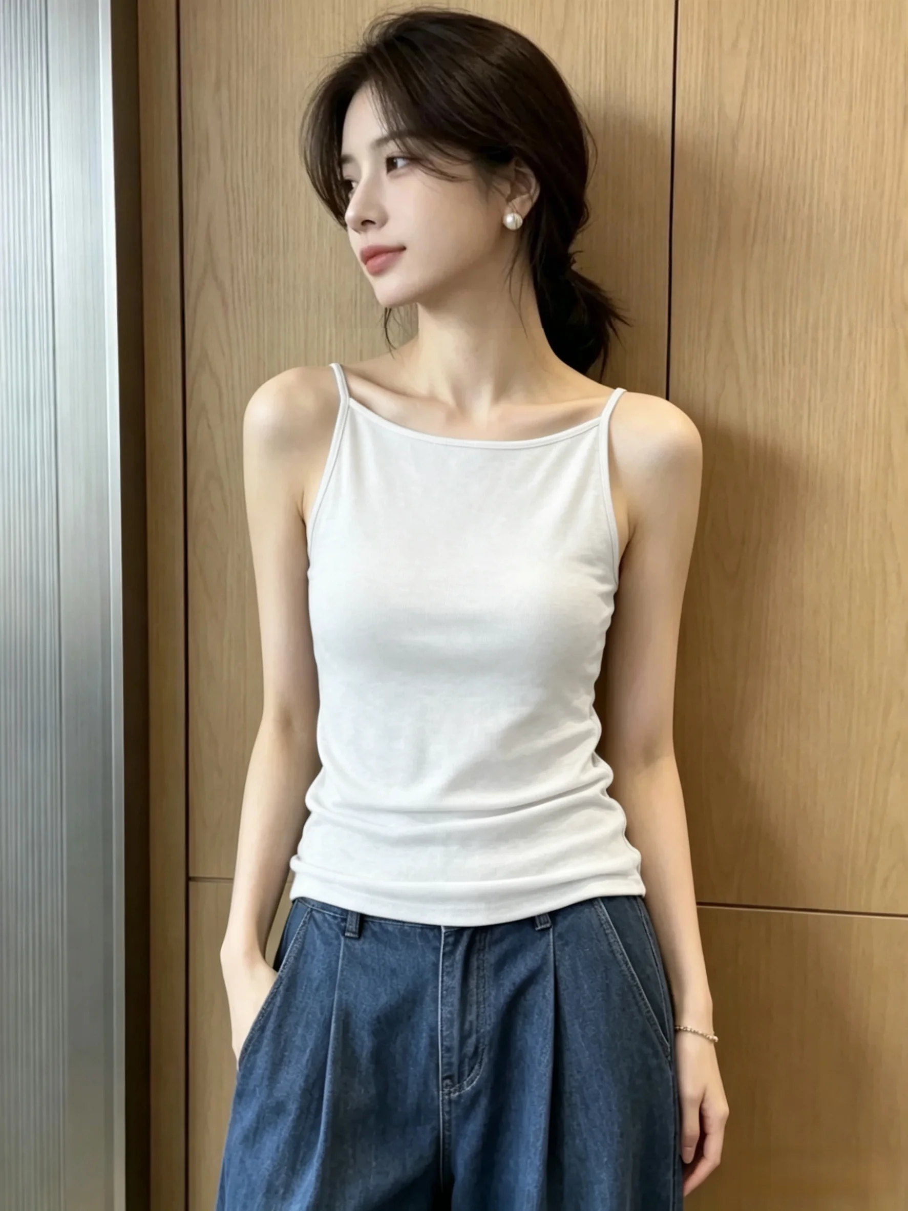 Summer Women's Loose Cotton Tank Top 95% Cotton Strap Vest Covering Side Breast Fatigue Slimming Base Layer Top