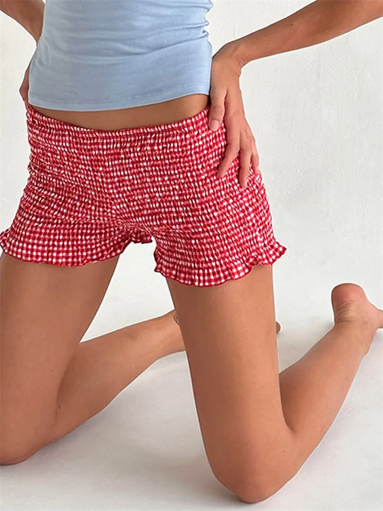 

CHRONSTYLE Women Summer Casual Pajama Shorts Elastic Waist Ruffles Trim Plaid Print Lounge Short Pants Clubwear 2024 Shorts New