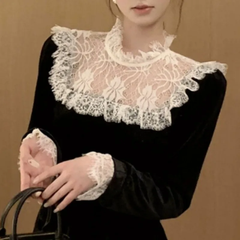 OCEANLOVE Autumn Winter Velvet Women Shirts&blouses Ruffles Korean Fashion Vintage Blusas Mujer Lace Patchwork Camisas