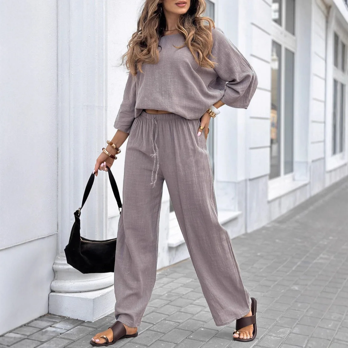 

Новая европейская и американская женская одежда, однотонный льняной хлопковый топ с круглым вырезом, повседневные свободные брюки на шнуровке, комплект из 2 предметов