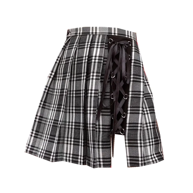 Chic JK Uniforme Gonna irregolare con lacci scozzese grigio giapponese Estate Nuova linea a vita alta Gonne corte versatili che riducono l'età