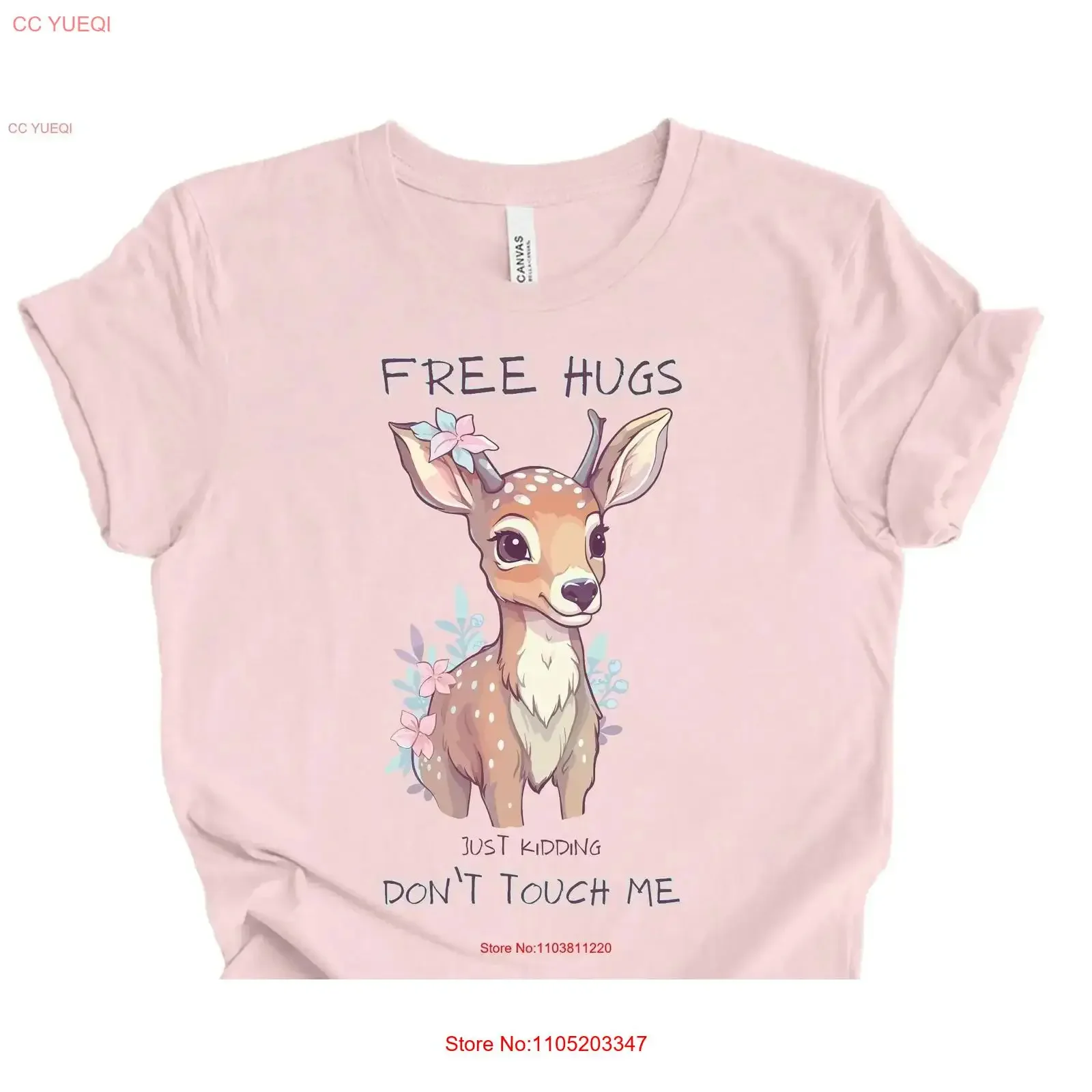 

Free Hugs Just Kidding Dont Touch Me T Shirt sarcastic floral deer a doe eyed asking for hug tee vintage Washed Comfortable