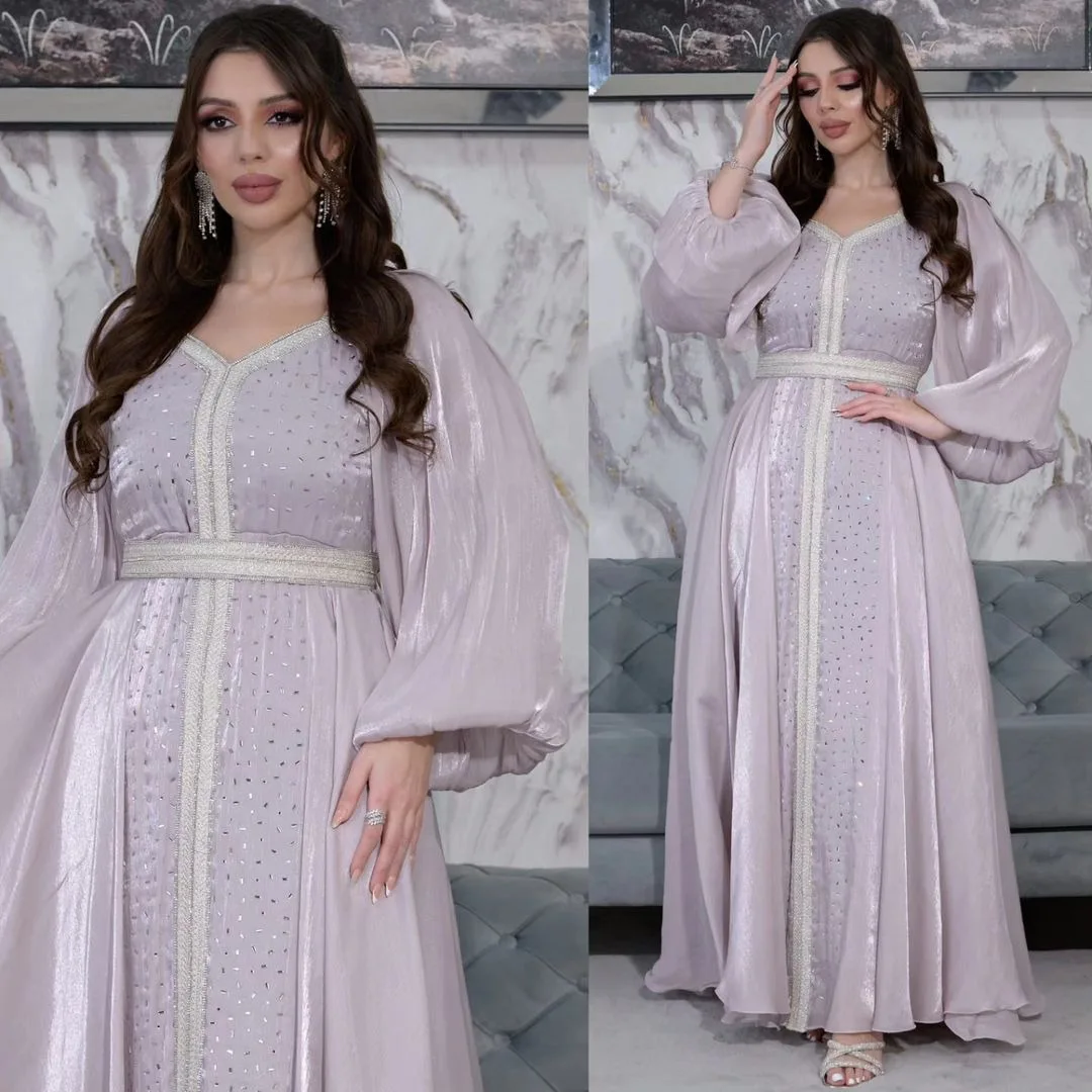 Muslim Women Diamonds Abayas Long Sleeves Dress Dubai Kaftan Turkey Robe Eid Djellaba Marocain Jalabiya Femme Caftan Party Gown