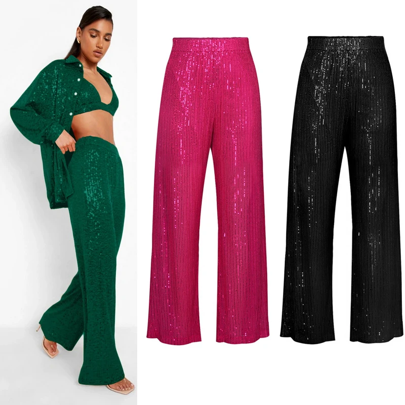 Pantalon large à sequins pour femmes, style coréen brillant, tube droit, pantalon long de vadrouille, 5 couleurs, fjHigh Waist, mode