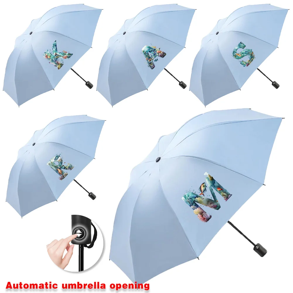 

Automatic Umbrella Portable Sunshade Sunscreen Rain Umbrella Blue Handle Foldable Sun Rain Dual Use Fish Letter Series Travel