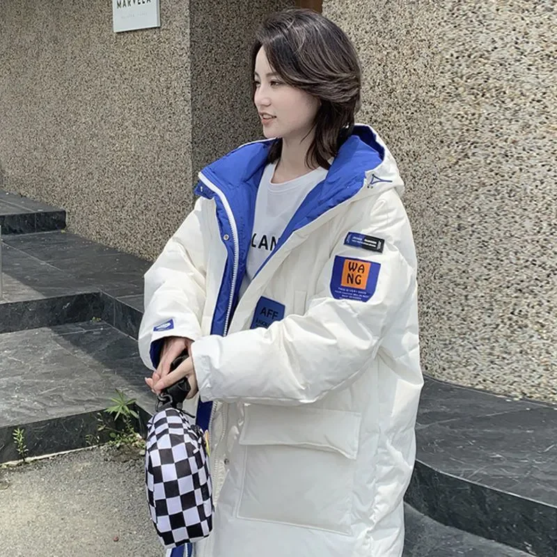 Winter New Padded Down Glossy Jacket Women's Fashion Disposable Korean Style Loose Hooded Color Contrast Cotton-Padded Parkas