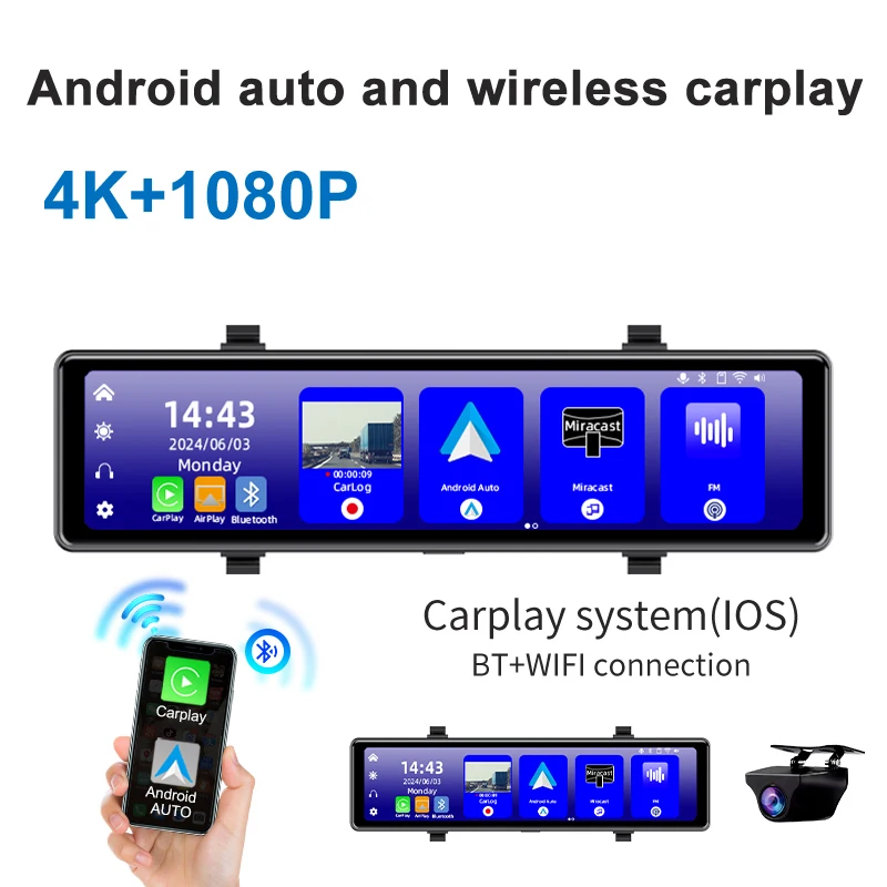 Acceo 4K Dashcam Rearview Mirror Car DVR with Android Auto Wireless Carplay Built-in WiFi Support 1080P Rearview Camera Recorder - view 2