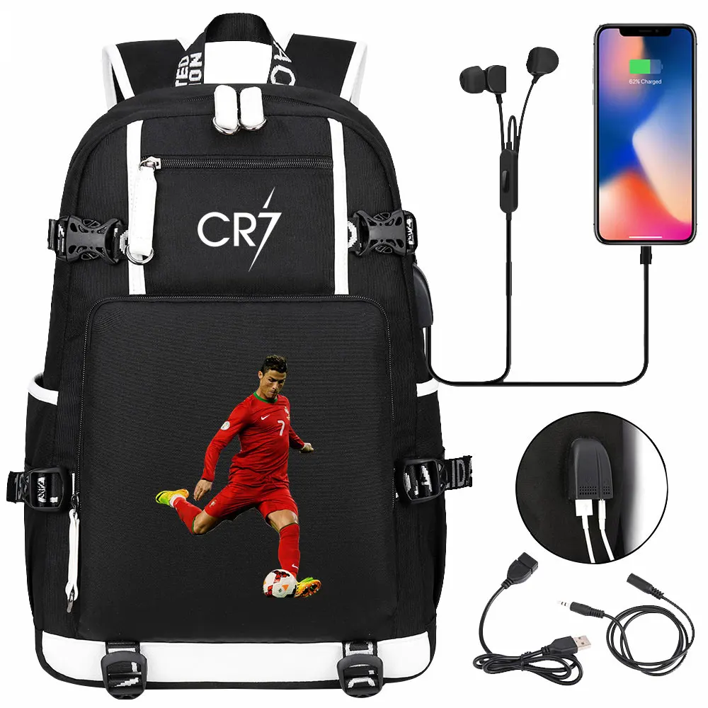 학생용 캔버스 책가방 용량 여행 가방, CR7 백팩, USB 포트, 십대 소녀 소년 책가방