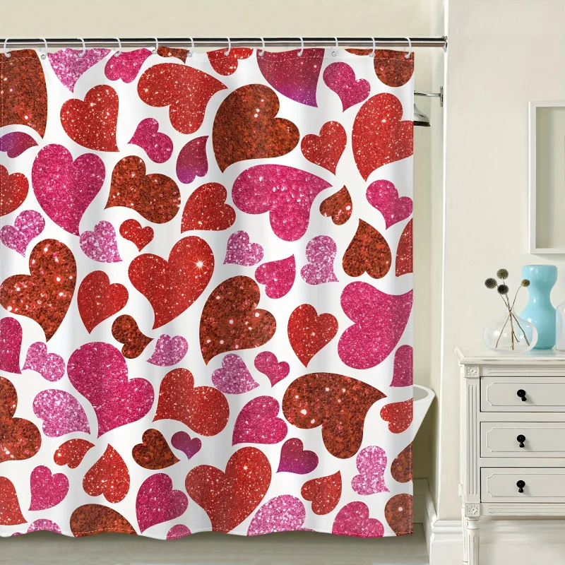 1pc flash heart printed shower, waterproof polyester bath curtain with hooks, bathtub partition, Valentine's Day decor,