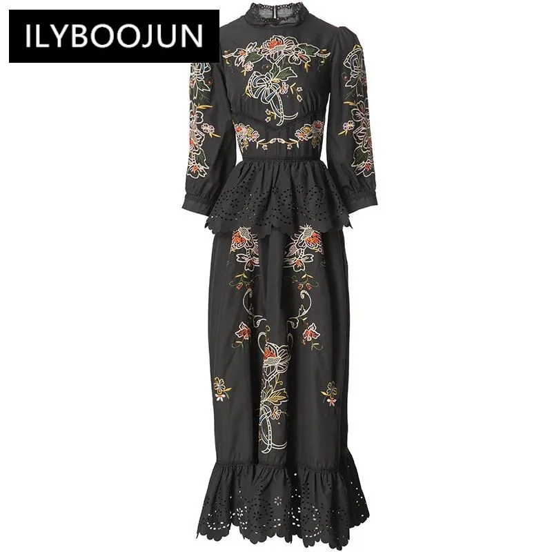 

Autumn Winter Vintage Embroidery Dress Lantern Sleeved Flounced Edge Splicing Hollow Out dresses For Women 2024 Luxury Brand