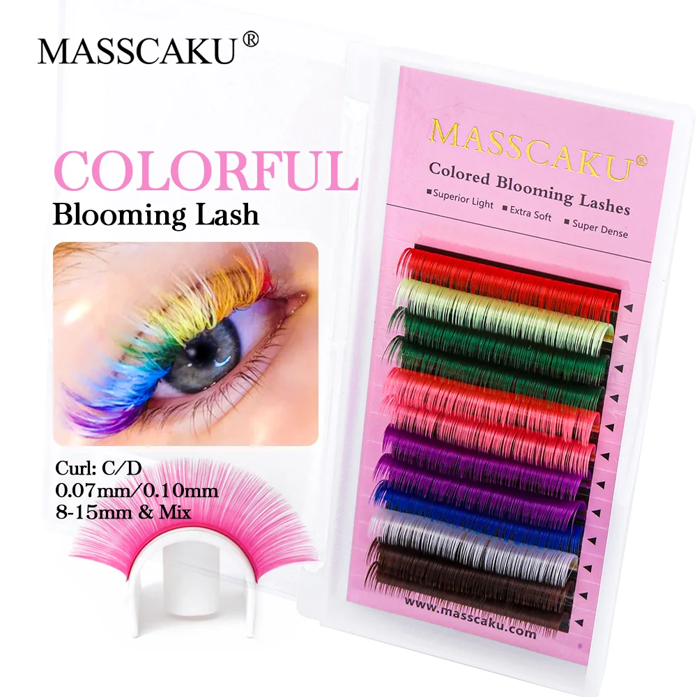 MASSCAKU colored easy fanning eyelash extensions mix 8 color Red/Brown/Pink/Yellow/Purple/Blue/Green/White auto fan eyelashes