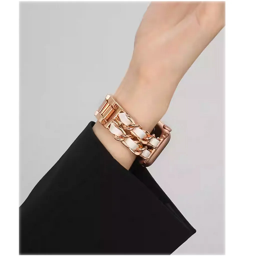 Geschikt voor Fitbit Versa 2/Versa Lite/Versaa 1/SE hoogwaardige lederen band, metalen ketting, modieus en voortreffelijk