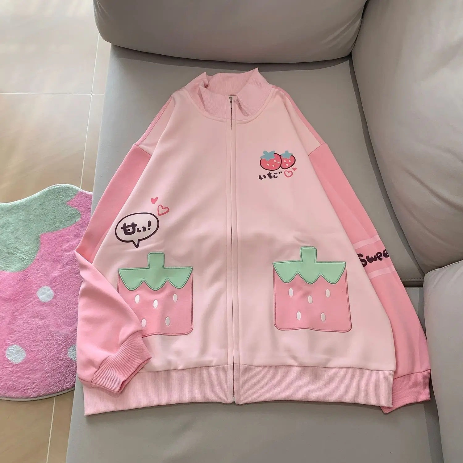 Kurtka damska z polarową podszewką, stójka, styl kawaii, gotycki, Harajuku, subkultura Y2K, odzież codzienna, świąteczna, ciepła, z długim rękawem, odzież wierzchnia