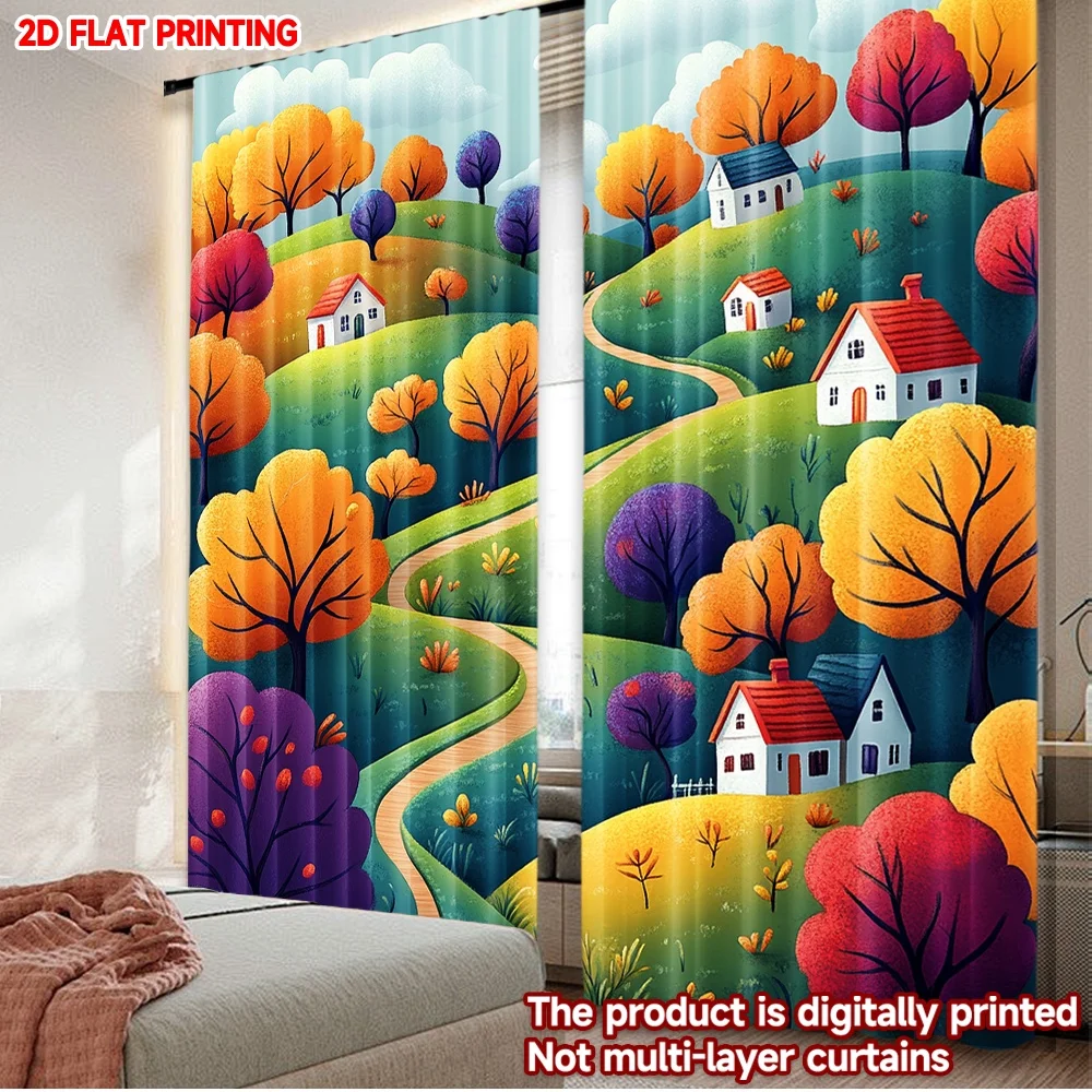 

2D flat printing 2pcs Curtain Window Curtains Colorful Autumn Hillside Digital Printed Polyester Drapes Party Decorations Use