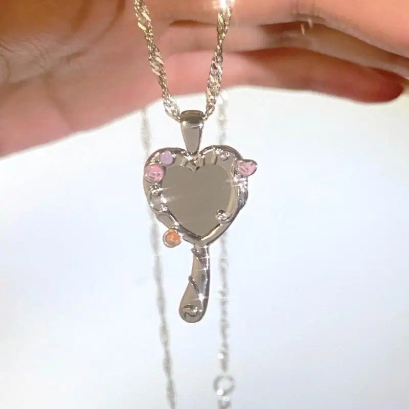 A52E Unique Mirrored Pendant Necklace Heart Mirrored Charm Clavicle Chain for Women