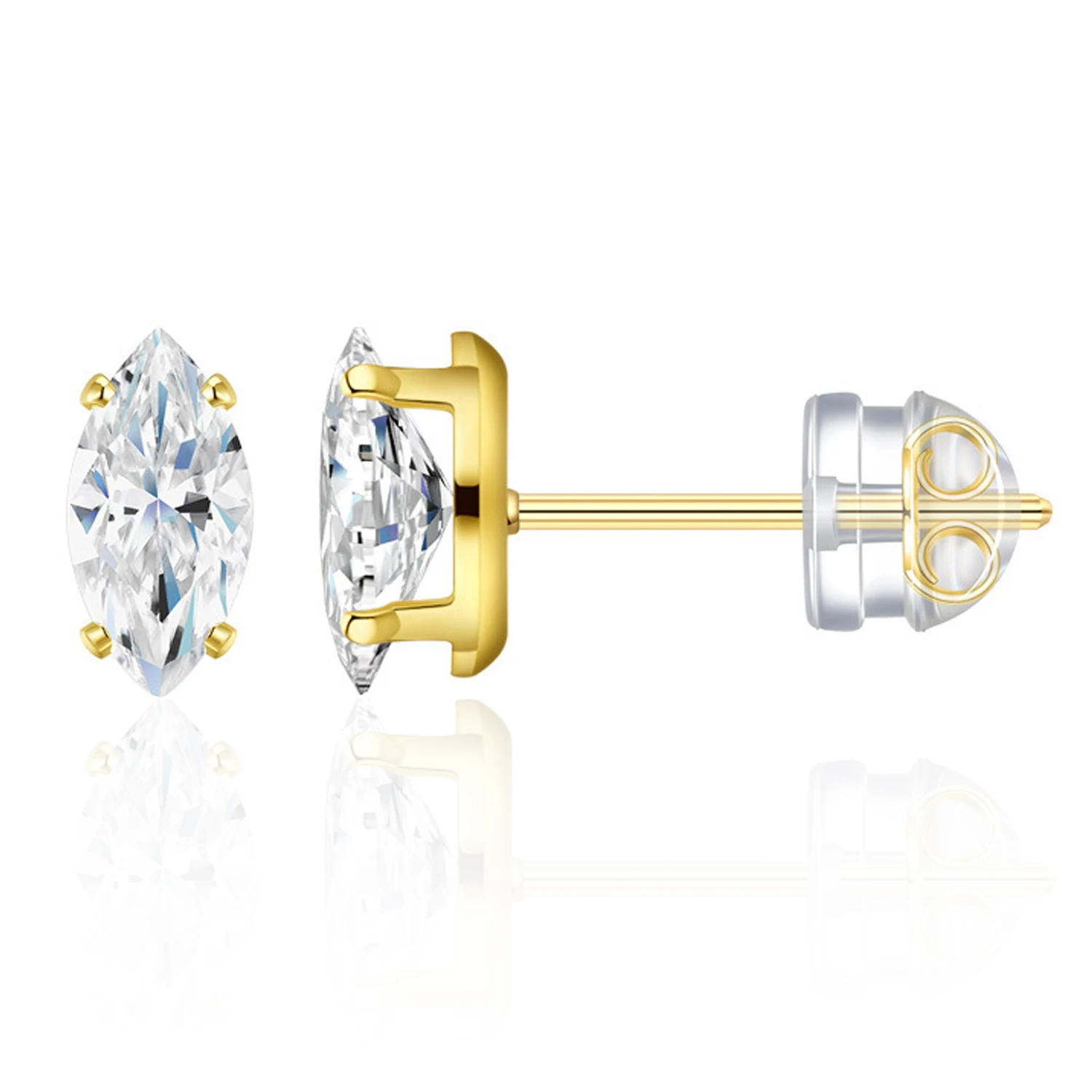 OZAN 100% Real Moissanite Earrings Stud Marquise Shaped 18k Yellow Gold Plated Fashion Trendy Gemstone Jewelry for Women Ladies