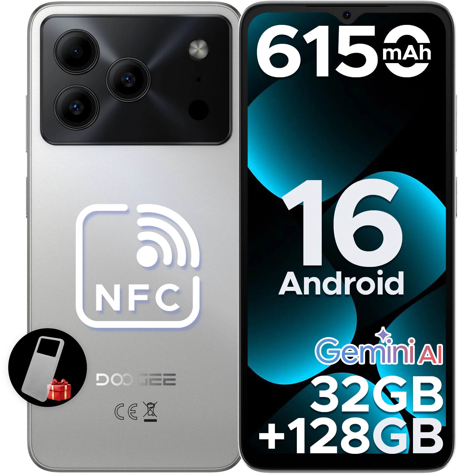 DOOGEE Note56 Pro - Android 16 Smartphone met Gemini AI, 6.56" scherm, 6150mAh batterij, 32GB RAM (4+28), 128GB opslag, Widevine L1