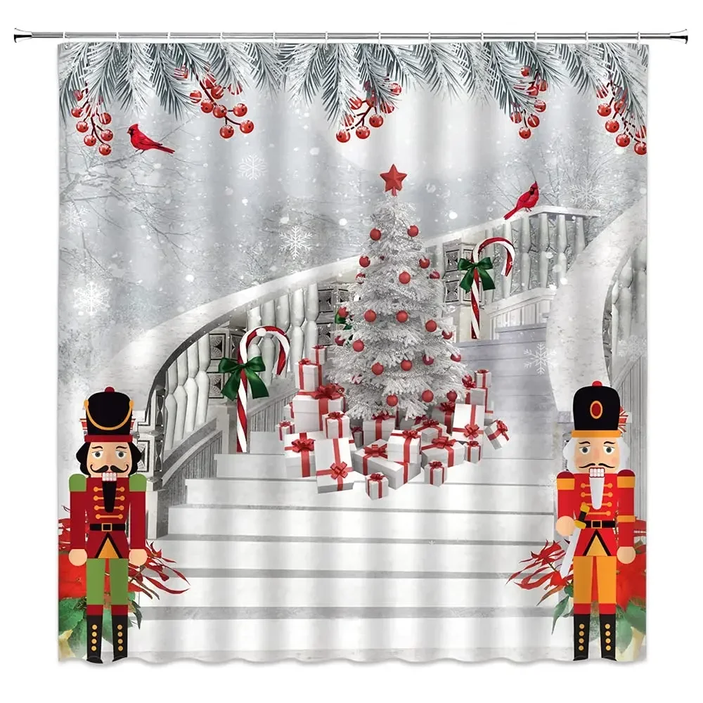 Christmas Nutcracker Shower Curtain, Christmas Tree Snowman Bathroom Curtain Decoration Set With Hook Fabric Christmas Gift