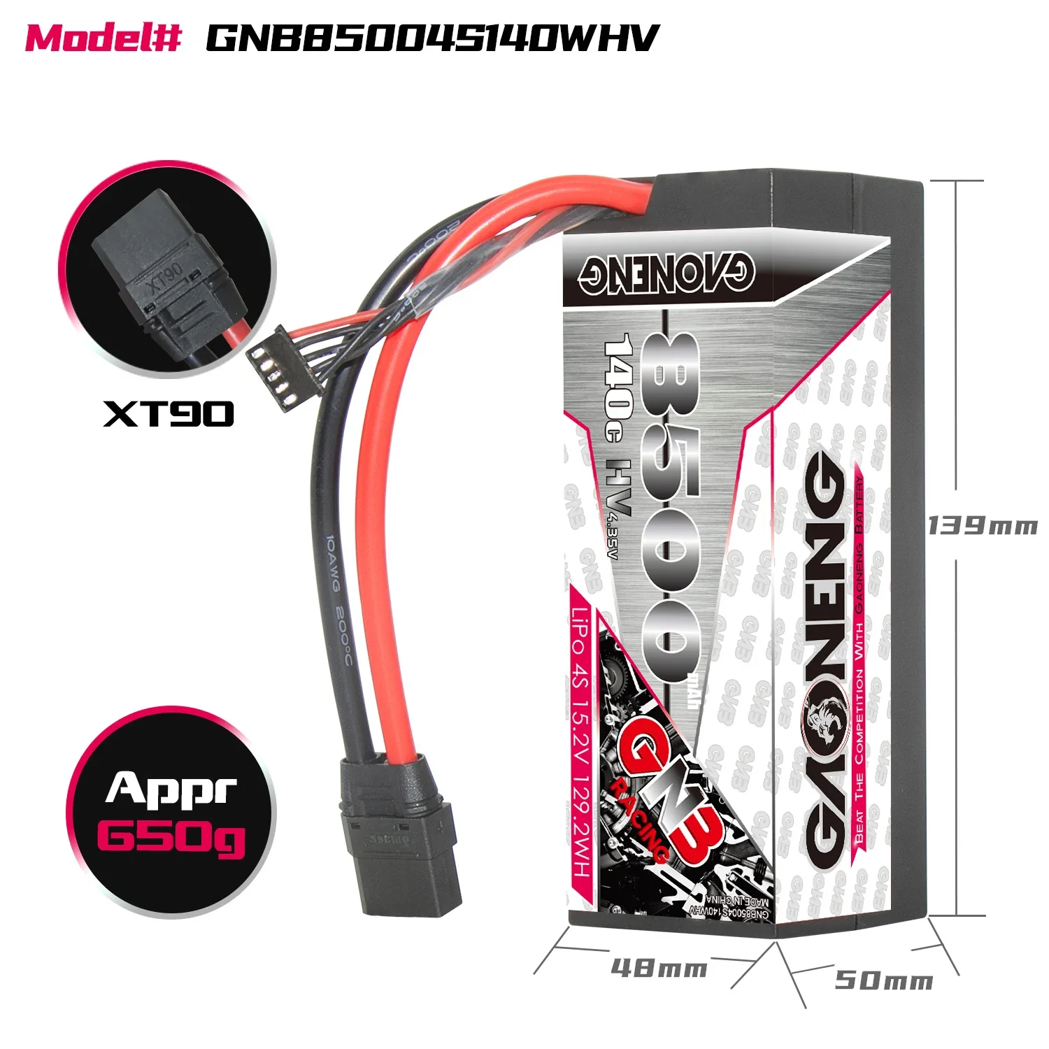 GAONENG GNB 8500mAh HV 4S 140C 280C 15.2V Hard Case LiPo Battery Cabled with XT90 1/10 1/8 Scale RC Hobby Models