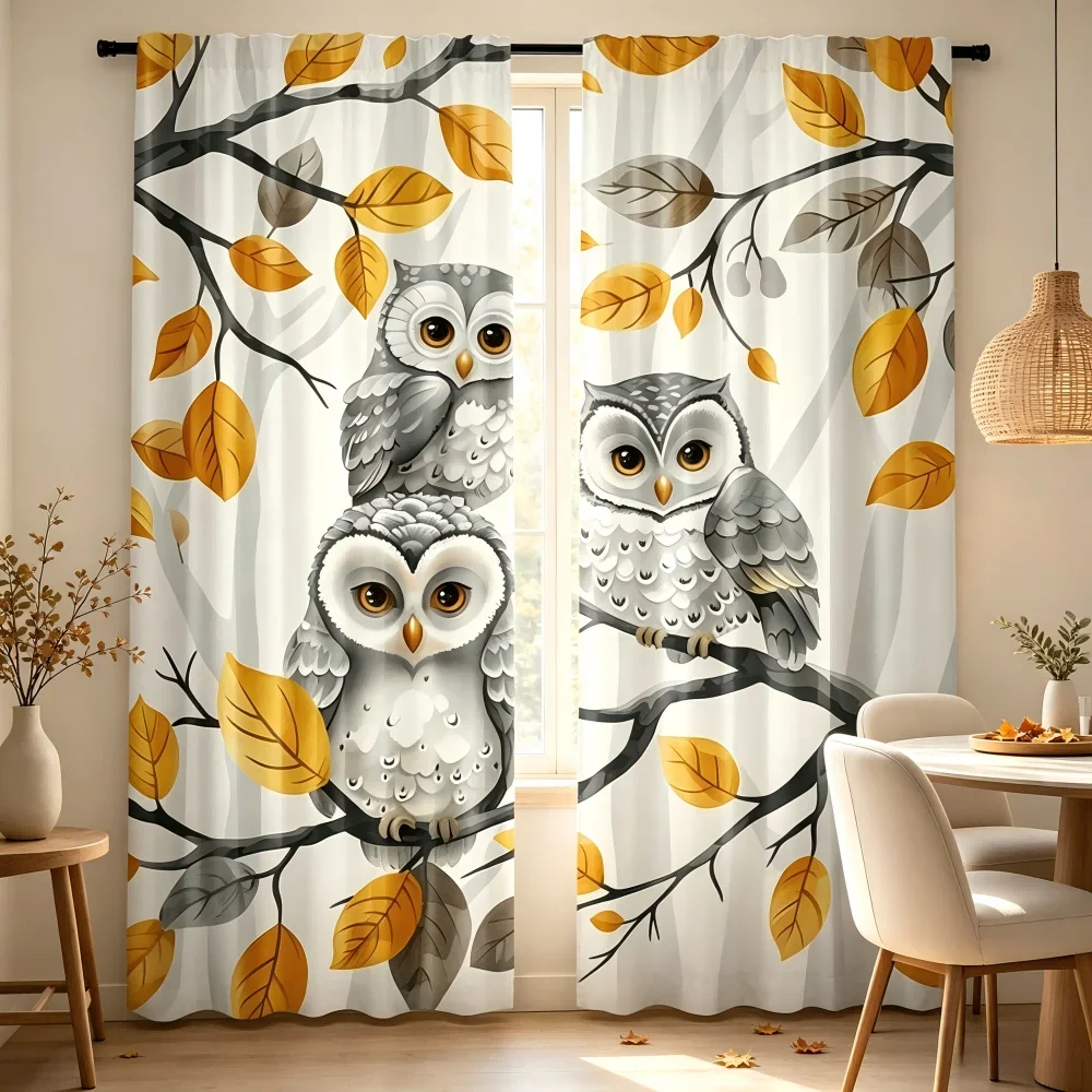 2PCS Digital Printed Curtain, Autumn Owl Family on Tree Branch, Cute Cartoon Fall Style Window Drapes for Kids Bedroom