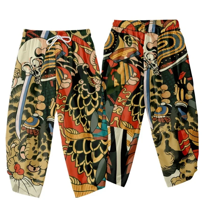 Cartoon Tiger Skeleton Printed Men Japanese Harem Trousers Casual Elastic Waist Kimono Cropped Pants Streetwear