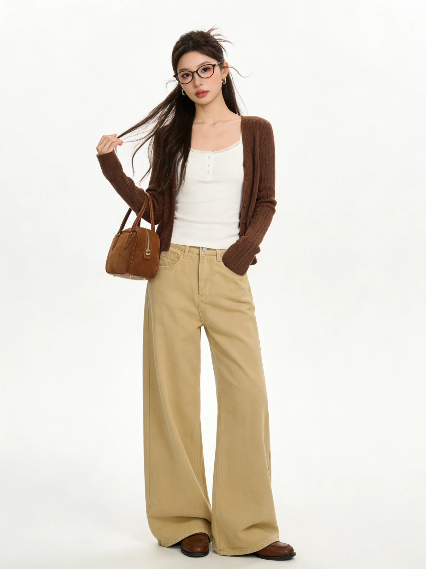 

Джинсы с высокой талией и широкими штанинами, женские повседневные джинсы прямого кроя, универсальные, стройнящие, весенне-летние, из струящегося денима, простой стиль