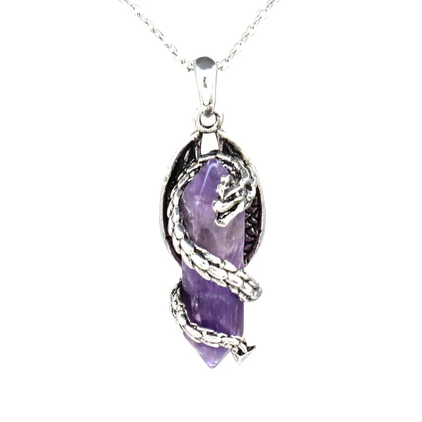 Charms Vintage Snake Wrapped Natural Crystal Hexagon Stone Pendant Necklace For Women Amethyst Rose Quartz Choice Men Jewelry