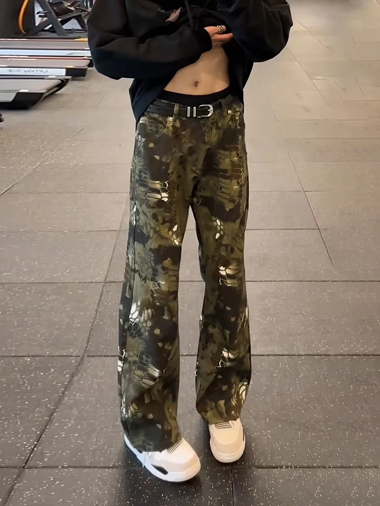 

Camouflage Snake Skin Wide Leg Jeans Men's Autumn Winter Faionable Straight Workwear Trousers American Design Loose Fit Jeans