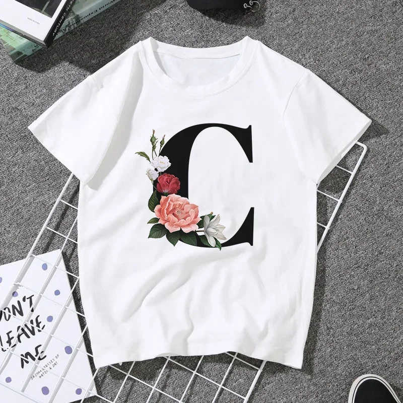 26 English Alphabet Print Tshirt Harajuku Casual White Tops T Shirt Women New Summer  Female T-Shirt