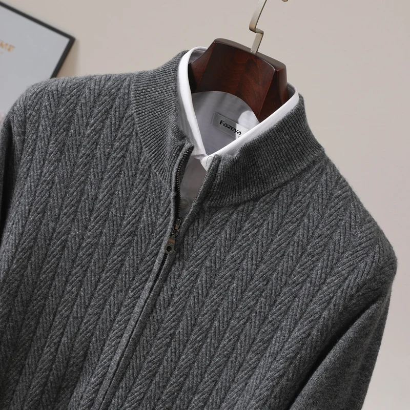Men\'s New Autumn And Winter Top 100% Merino Wool Knit Sweater With Zipper Stand Up Collar And Wheat Grain Pattern Cardigan