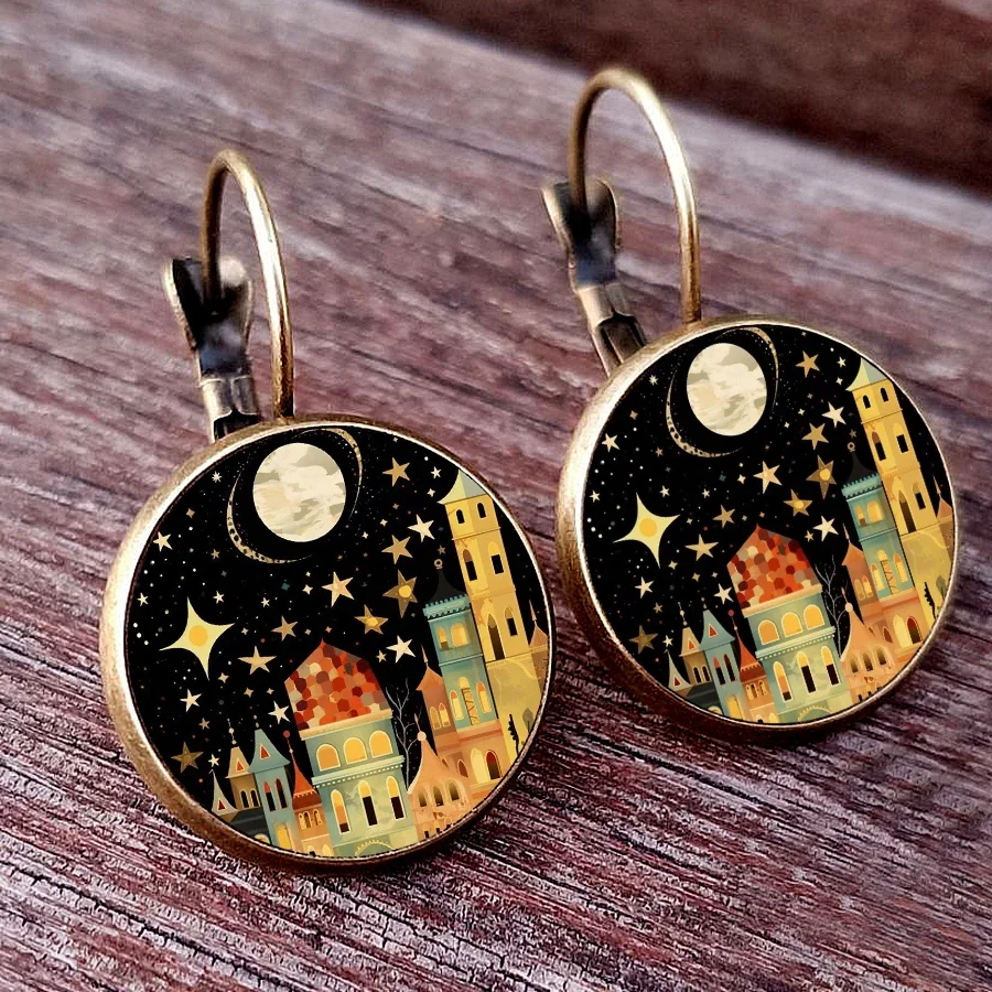 Dream castle Earrings Women Stud Earring Abstract Starlight House Oil Painting Earrings Glass Cabochon Womens Earrings jewelry