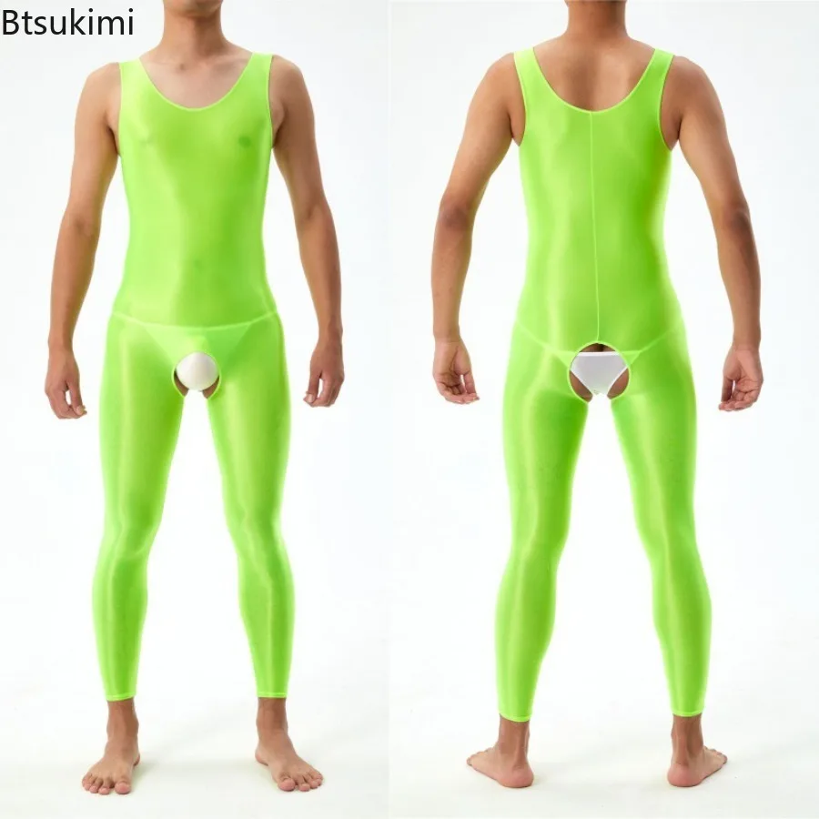 New Men's Oil Shiny Body Shaper Bodysuit Sexy Tights One-piece Jumpsuit High Elastic Fitness Wear Sleeveless Open Crotch Onesies
