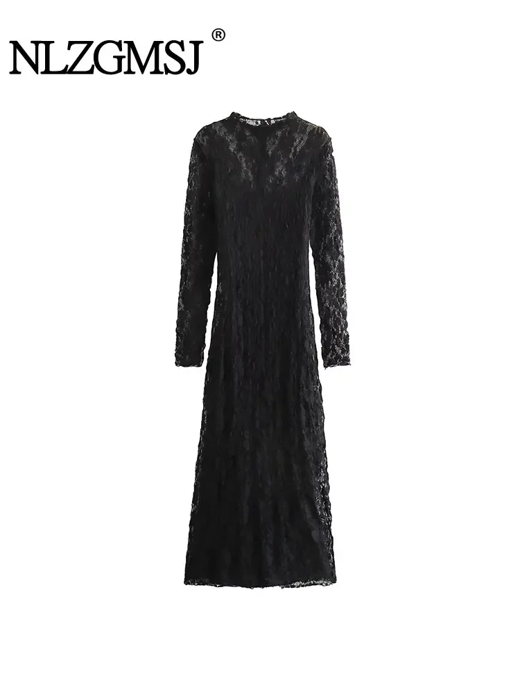 Nlzgmsj TRAF 2024 Female High Collar Lace Midi Dress Vintage Slim Long Dresses Womens Sexy Back Zip Evening Party Dress