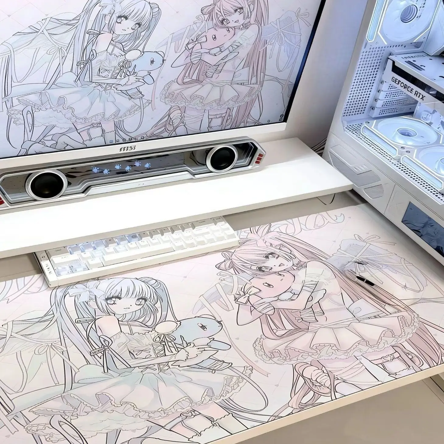 Leather Desk Pad Protector Cute Cartoon Girl Y2K Skirt Kawaii Mouse Pad Office Desk Mat Waterproof Oilproof PU Desk Keyboard Pad