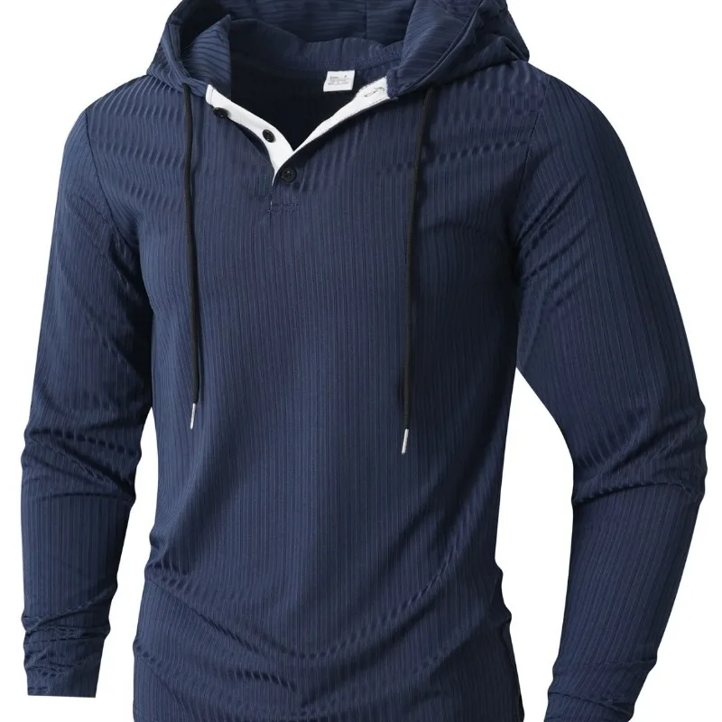 Mens Autumn Winter Ribbed Hoodie Drawstring Button Placket Long Sleeve Casual Sports Pullover Shirt