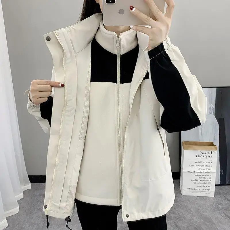 

Ударопрочные подмышки, уличный комплект из двух предметов «три в одном», женская съемная плюшевая утолщенная осенне-зимняя свободная альпинистская куртка