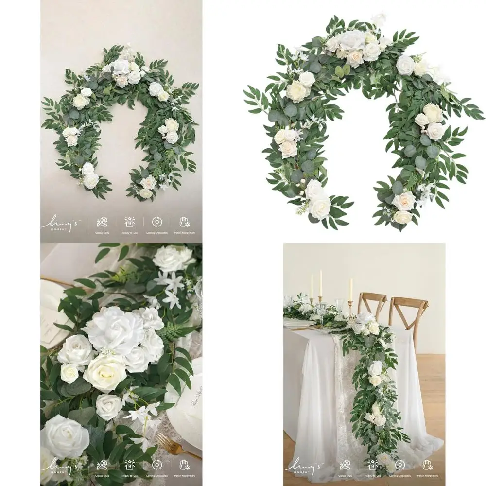 

6FT Ivory White Eucalyptus & Rose Artificial Garland for Wedding Sweetheart Table, Spring Garden, and Christmas Decor