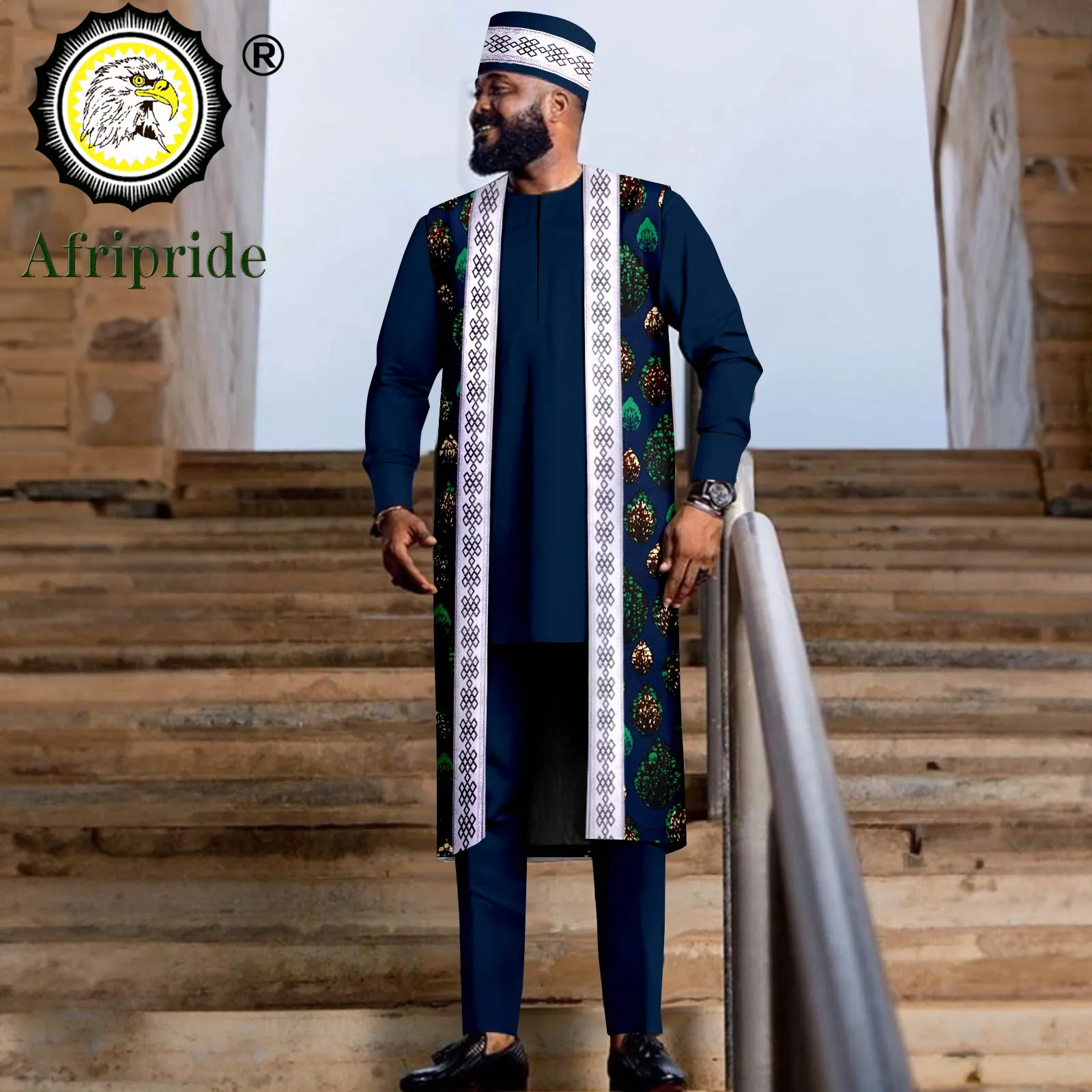 Trajes africanos para hombres, chaqueta bordada, camisas, pantalones y sombrero Tribal, conjunto Dashiki, atuendo tradicional para boda, 2416028