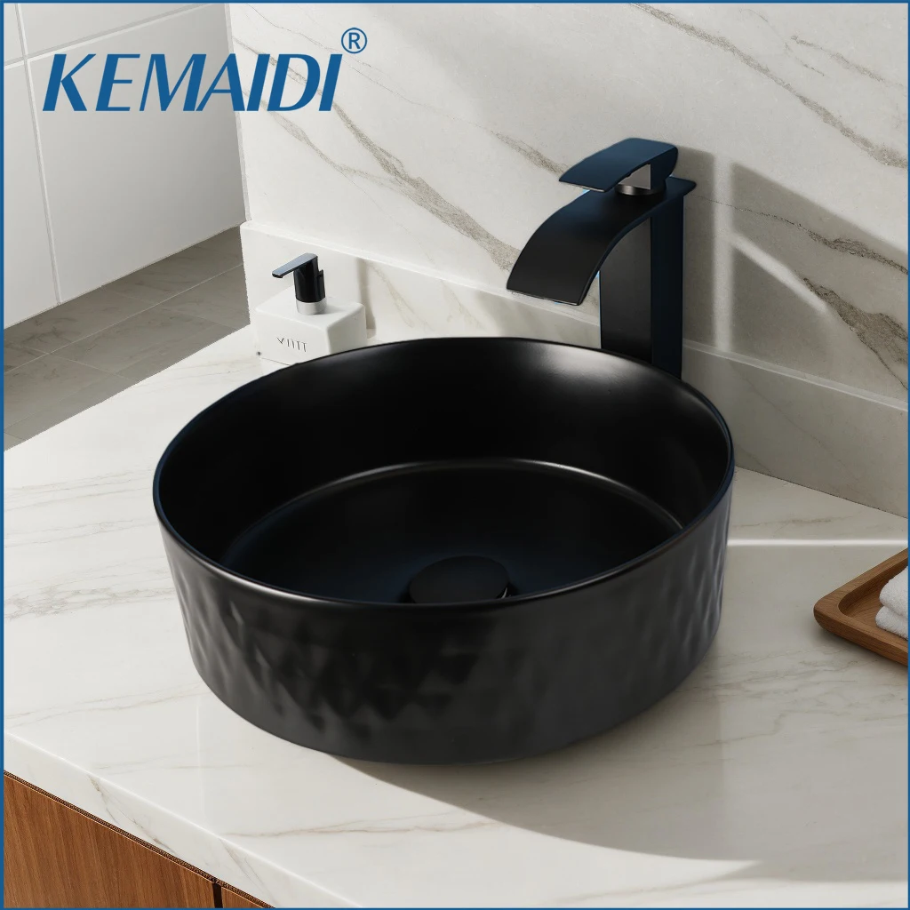 

KEMAIDI Ceramic Vessel Sink with Waterfall Faucet Combo Diamond Pattern Bathroom Sink Above Counter Artistic Vessel Sink Bowl