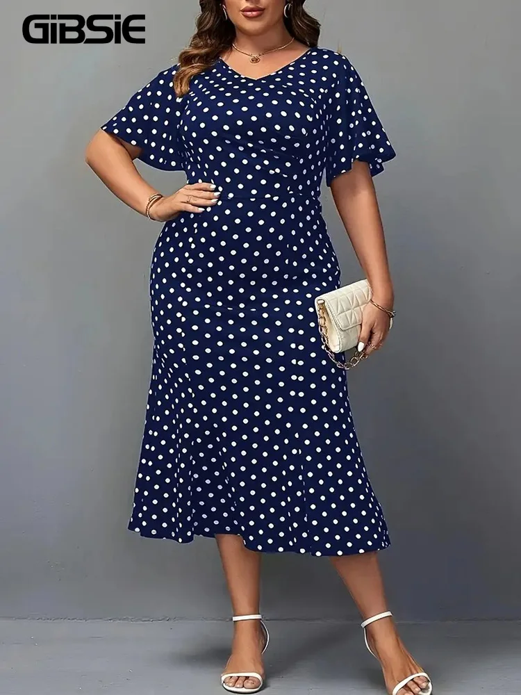 GIBSIE Plus Size Vintage Polka Dot Mermaid Hem Dress Women 2024 Summer V-neck Short Sleeve Office Ladies Elegant Long Dresses