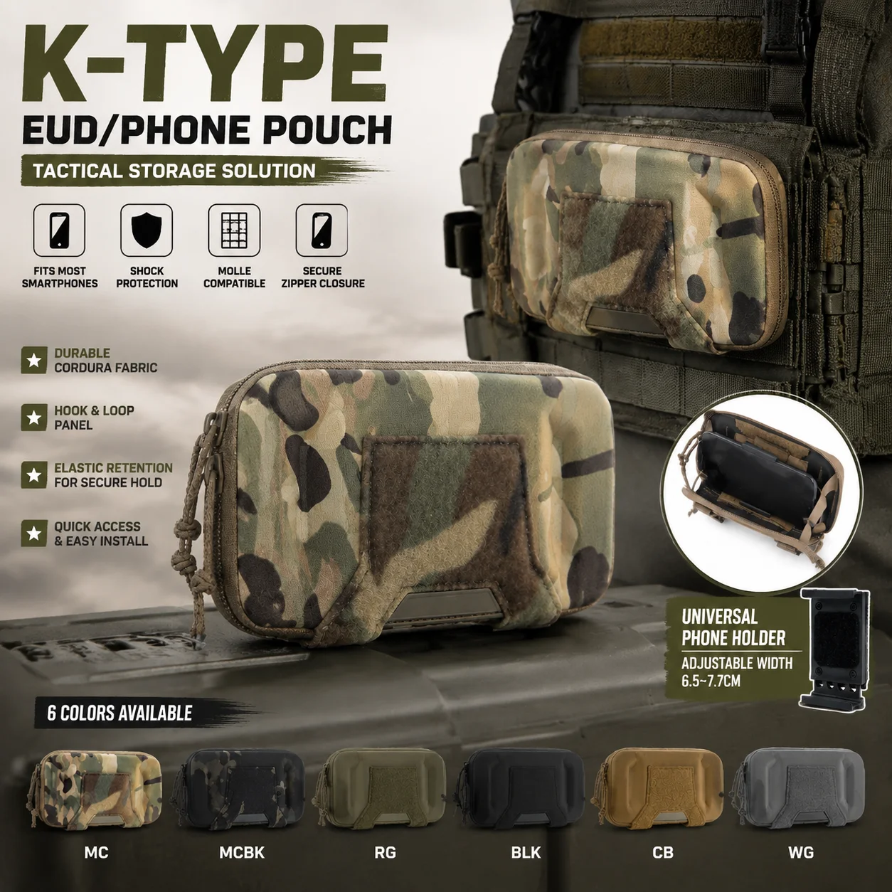 Тактический чехол для телефона K Type EUD с креплением MOLLE, универсальный держатель для смартфона, крепление на жилет, сумка для хранения снаряжения для активного отдыха.