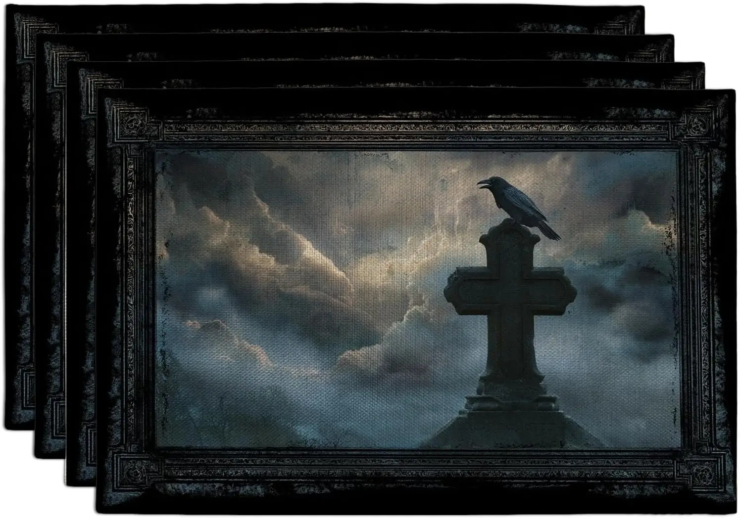 Gothic Raven Placemats, Black Spooky Design for Halloween, Non-Slip Washable Indoor Outdoor Decorative Placemat Set of 4