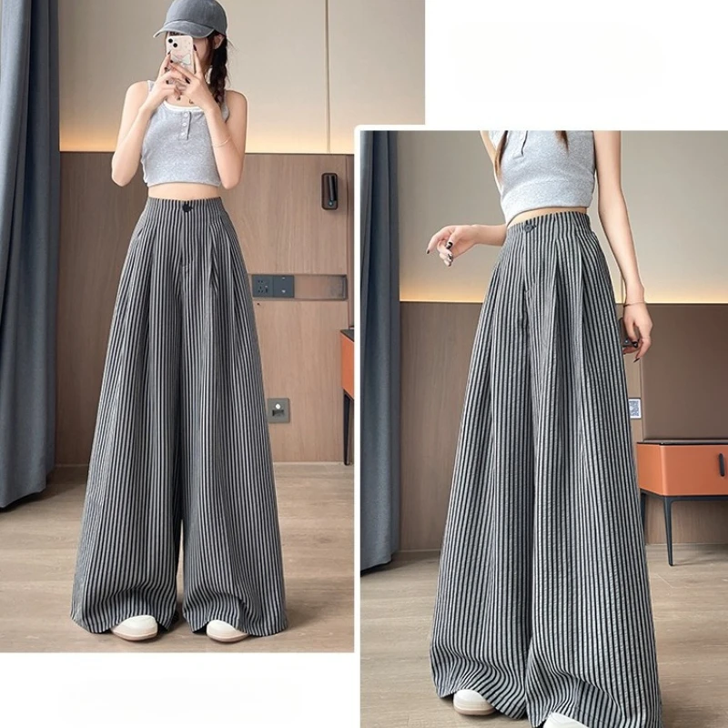 2025 neue Vintage Gestreifte Baumwolle und Leinen Hohe Taille frauen Breite Bein Hosen Taste Gerade Lose Volle Länge Hosen weibliche