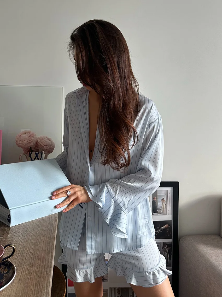 

Marthaqiqi полосатый женский костюм для сна, ночные рубашки с длинными рукавами, сексуальные пижамы с отложным воротником, шорты, повседневные женские комплекты ночного белья