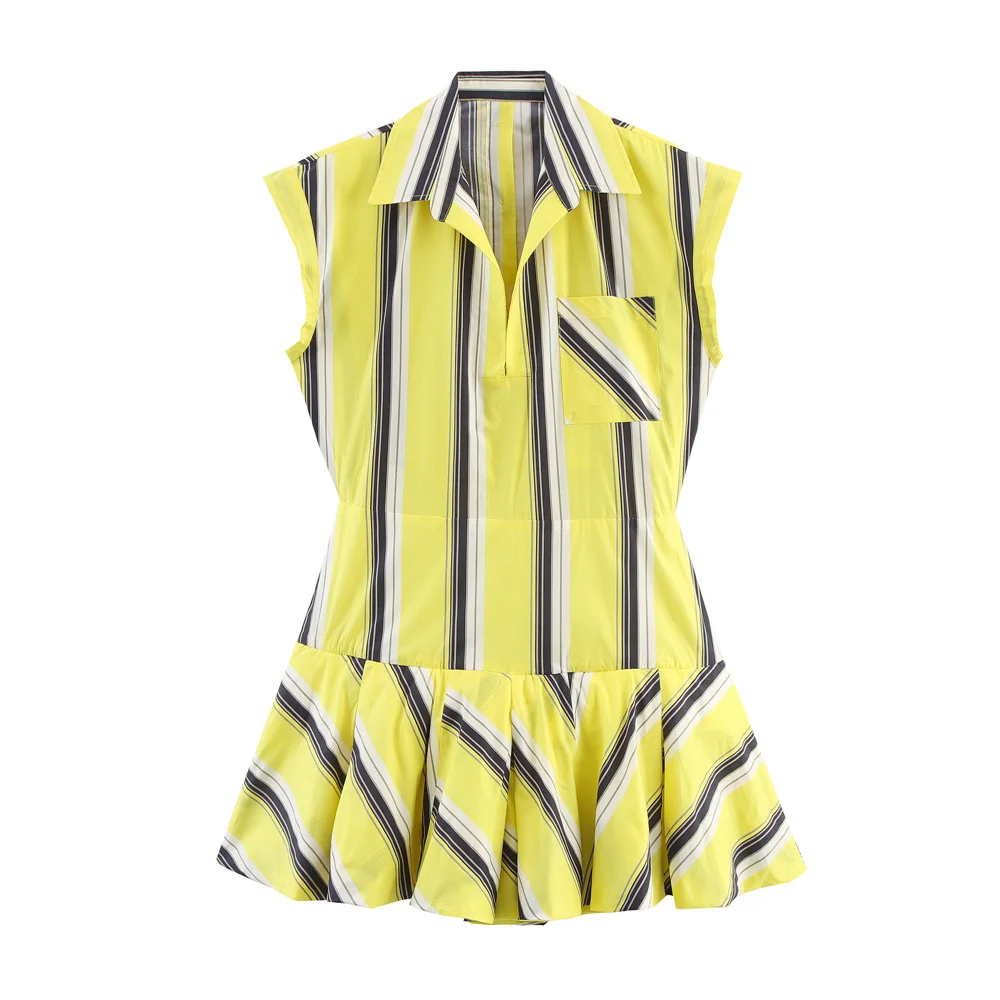 

Teen Girls Dress 2025 New Fashion Summer Striped Lapel Sleeveless Draped Shoulder Mini Dress for Women Causal Chic Girl Clothes